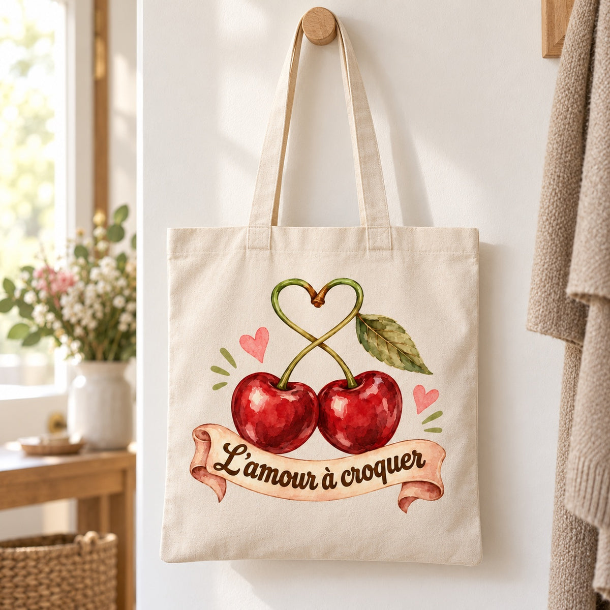Tote bag « L’amour à croquer » Essentiel suspendu à une patère dans une entrée lumineuse