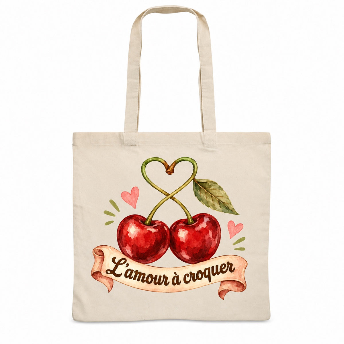 Tote bag « L’amour à croquer » Essentiel, sac plat en coton naturel 140 g/m² de 38 × 42 cm, illustration aquarelle rétro : deux cerises aux tiges en cœur