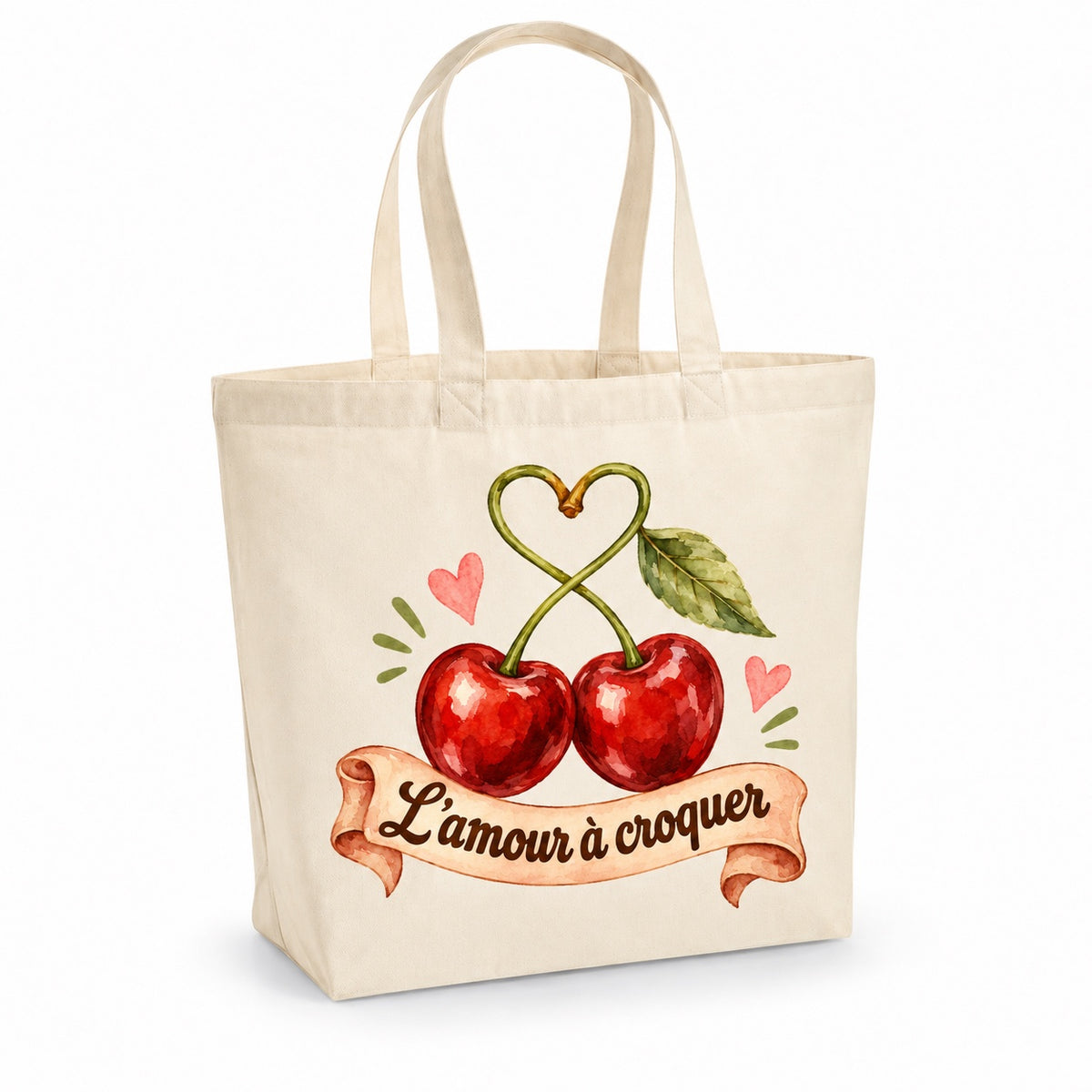 Tote bag « L’amour à croquer » Premium, cabas à soufflet en coton naturel 200 g/m² de 18 litres, illustration aquarelle rétro