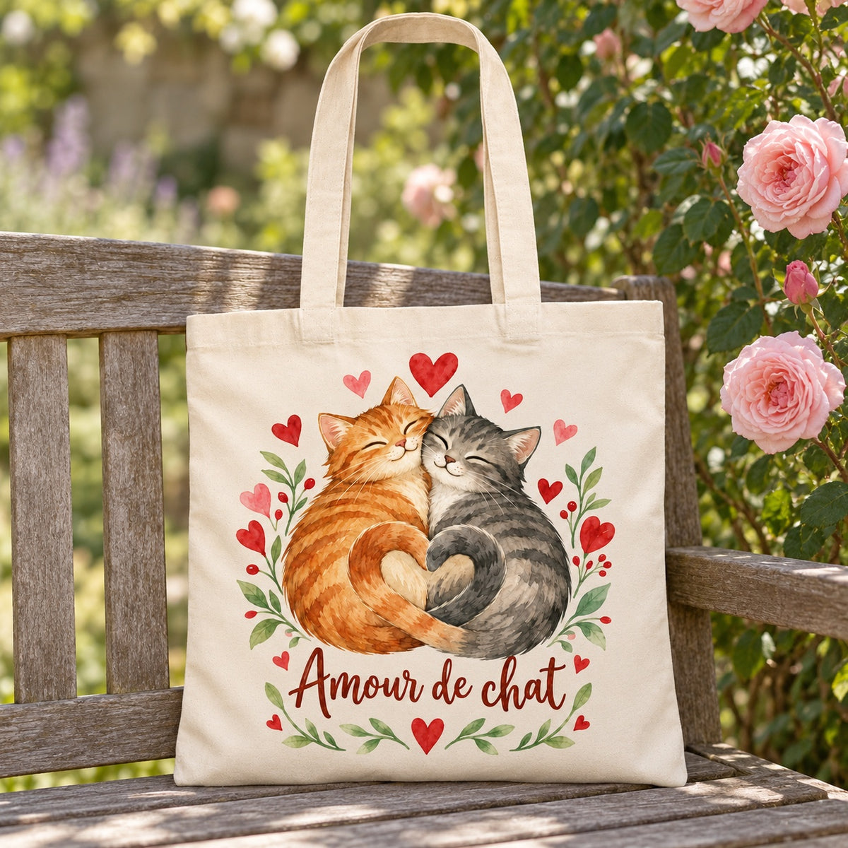 Tote bag « Amour de chat » Essentiel appuyé contre un banc de jardin près d'un rosier