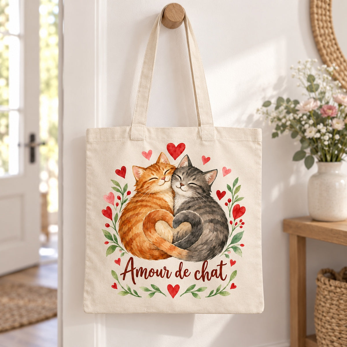 Tote bag « Amour de chat » Essentiel suspendu à une patère dans une entrée lumineuse