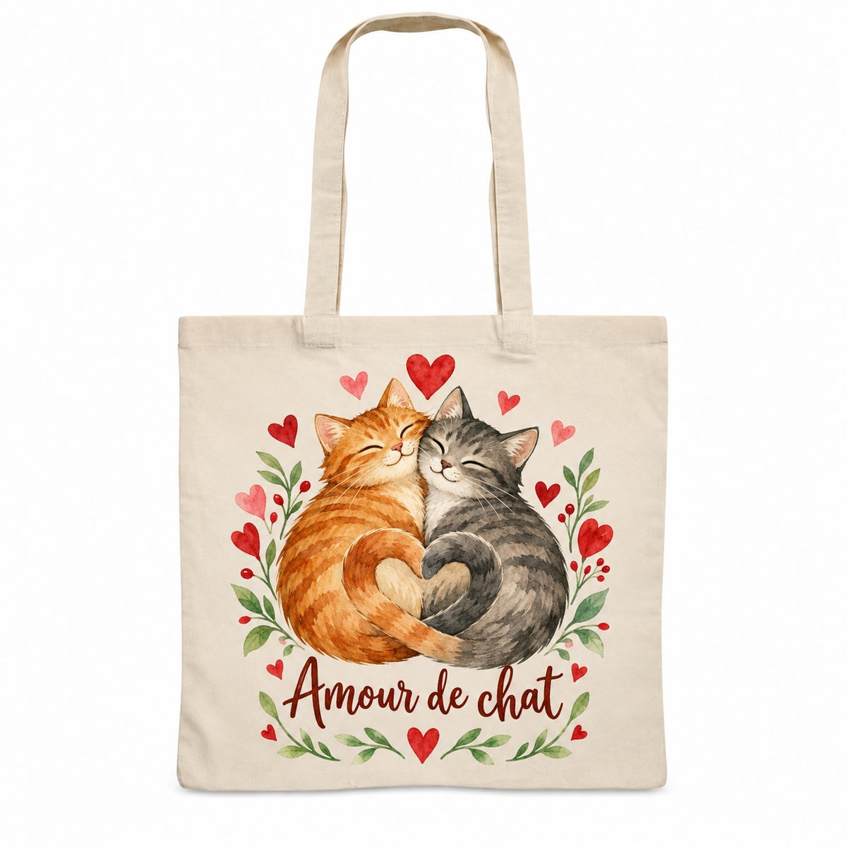 Tote bag « Amour de chat » Essentiel, sac plat en coton naturel 140 g/m² de 38 × 42 cm, illustration aquarelle rétro : deux chats blottis
