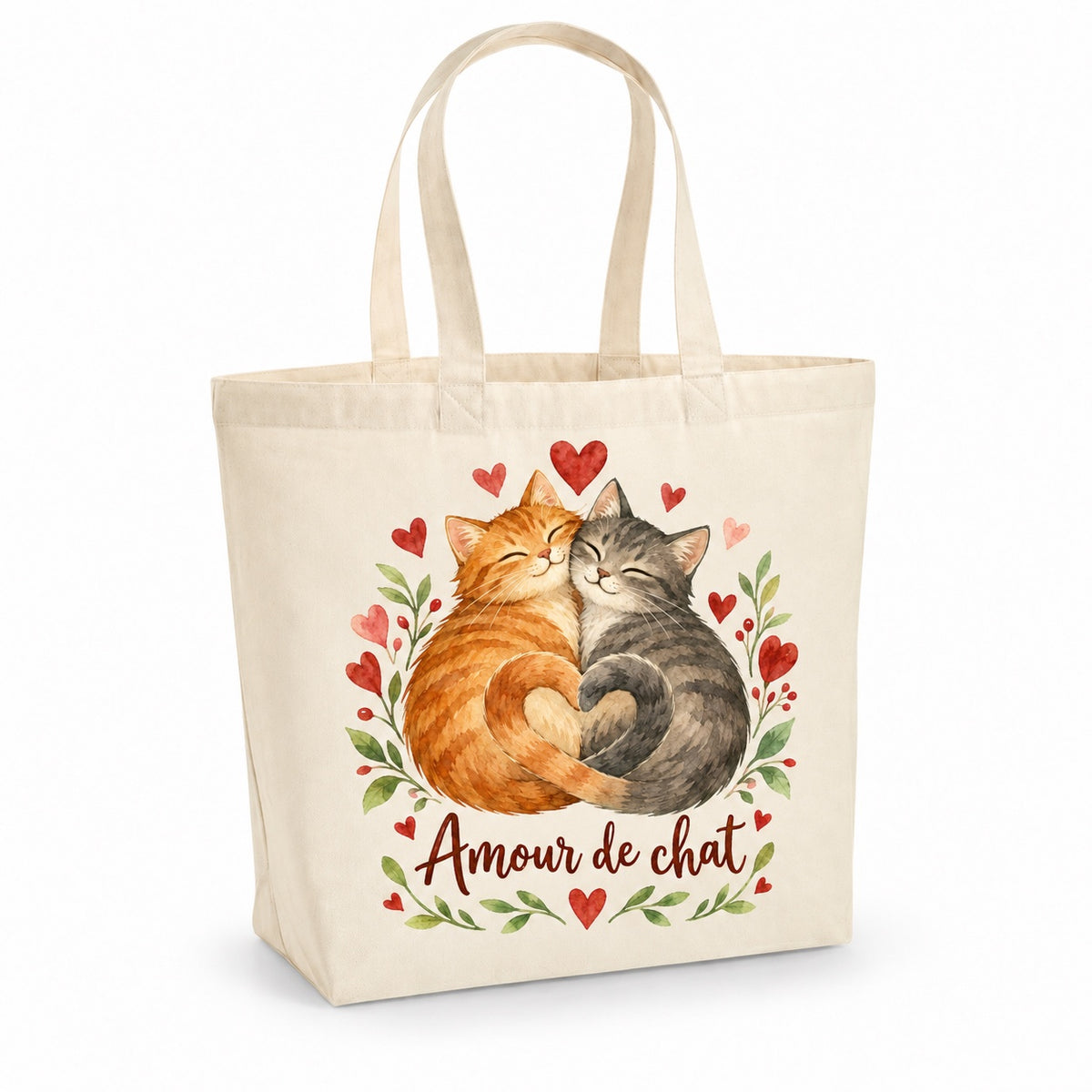 Tote bag « Amour de chat » Premium, cabas à soufflet en coton naturel 200 g/m² de 18 litres, illustration aquarelle rétro