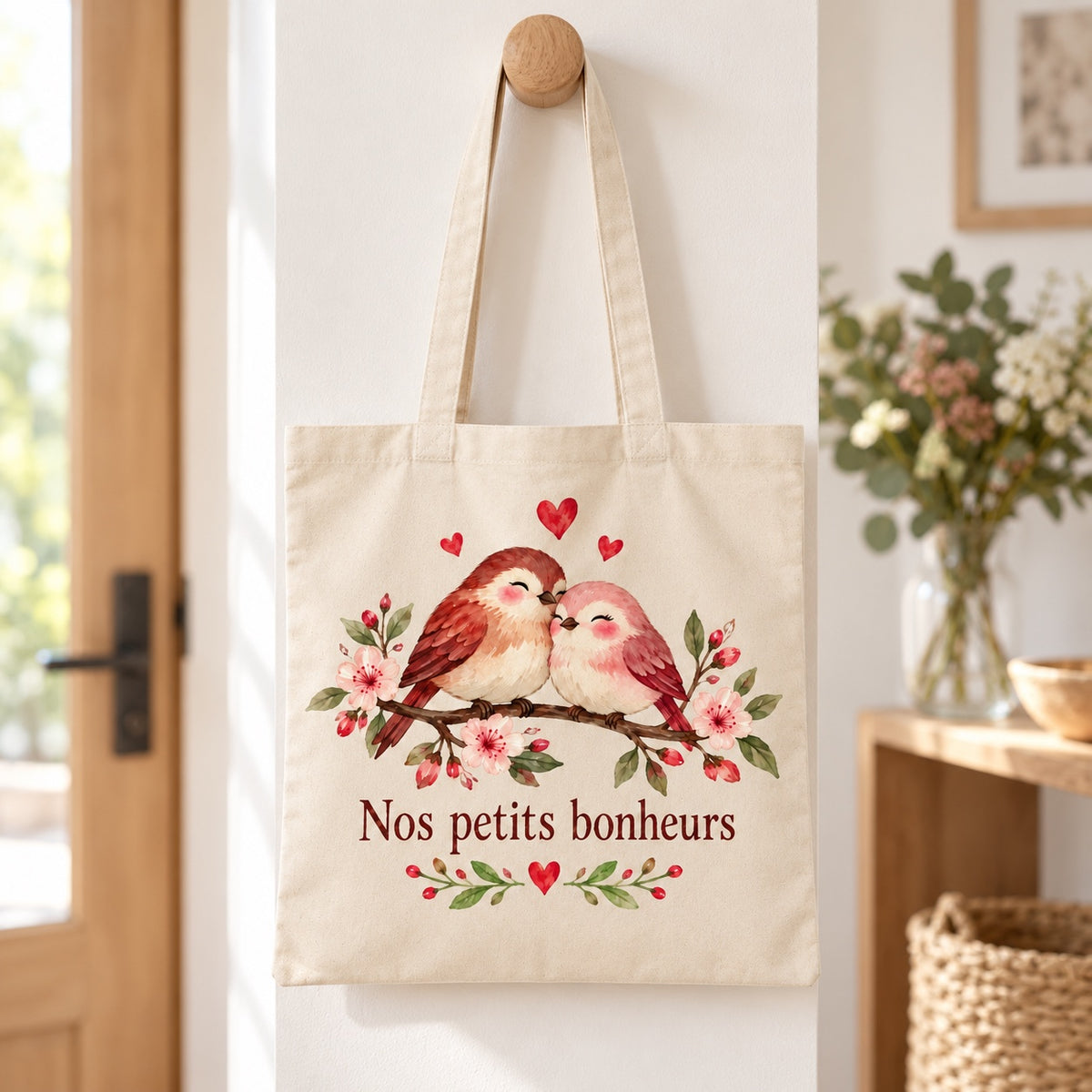 Tote bag « Nos petits bonheurs » Essentiel suspendu à une patère dans une entrée lumineuse