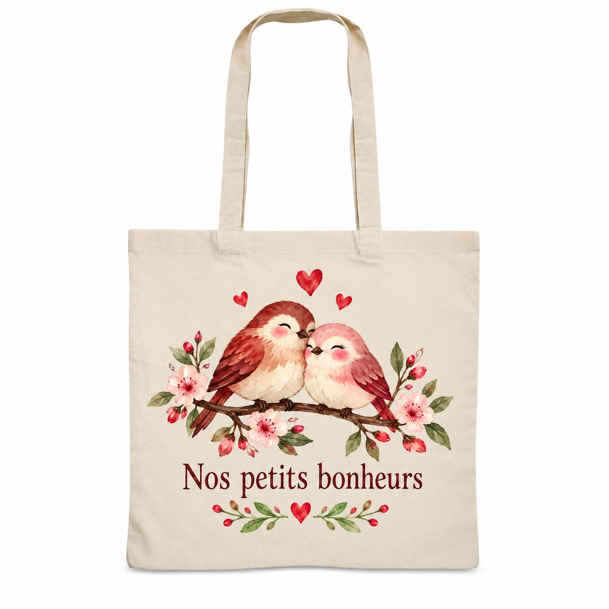 Tote bag « Nos petits bonheurs » Essentiel, sac plat en coton naturel 140 g/m² de 38 × 42 cm, illustration aquarelle rétro : deux oiseaux câlins sur une branche