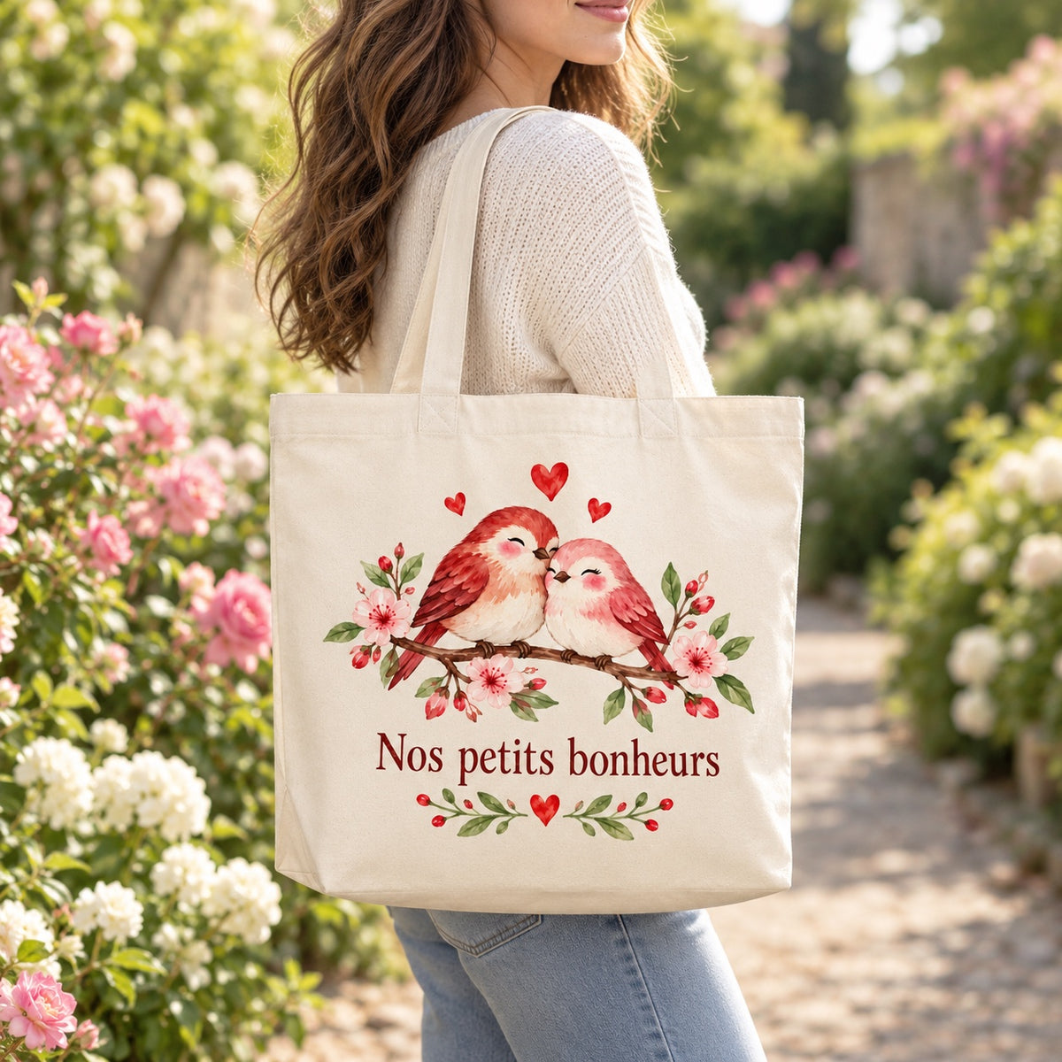 Tote bag « Nos petits bonheurs » Premium porté à l'épaule dans un jardin fleuri