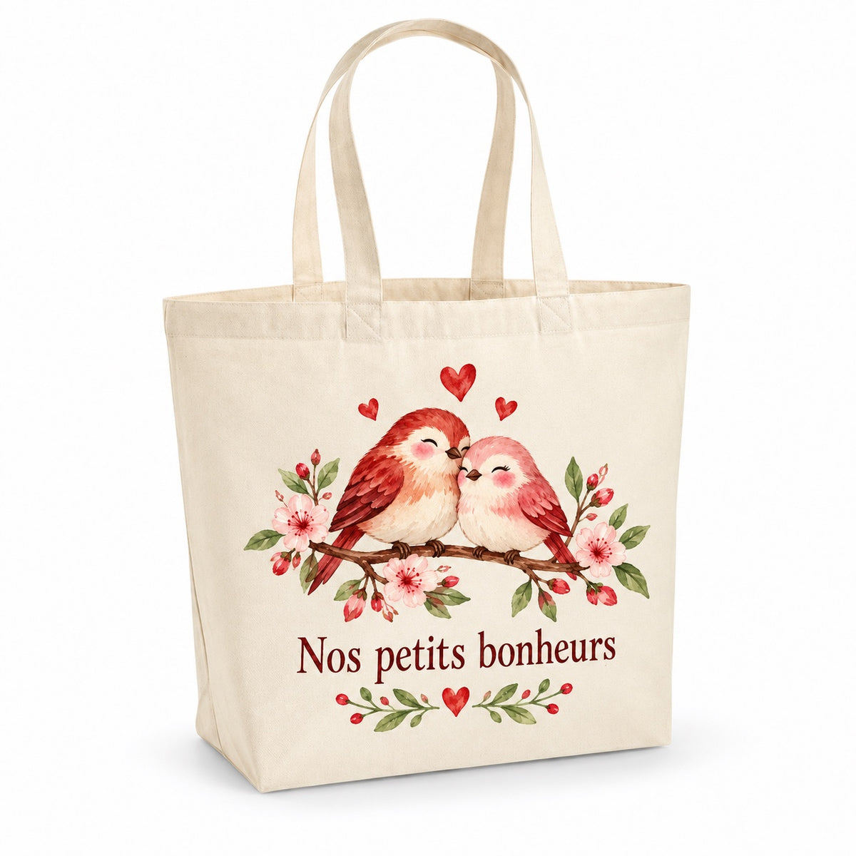 Tote bag « Nos petits bonheurs » Premium, cabas à soufflet en coton naturel 200 g/m² de 18 litres, illustration aquarelle rétro