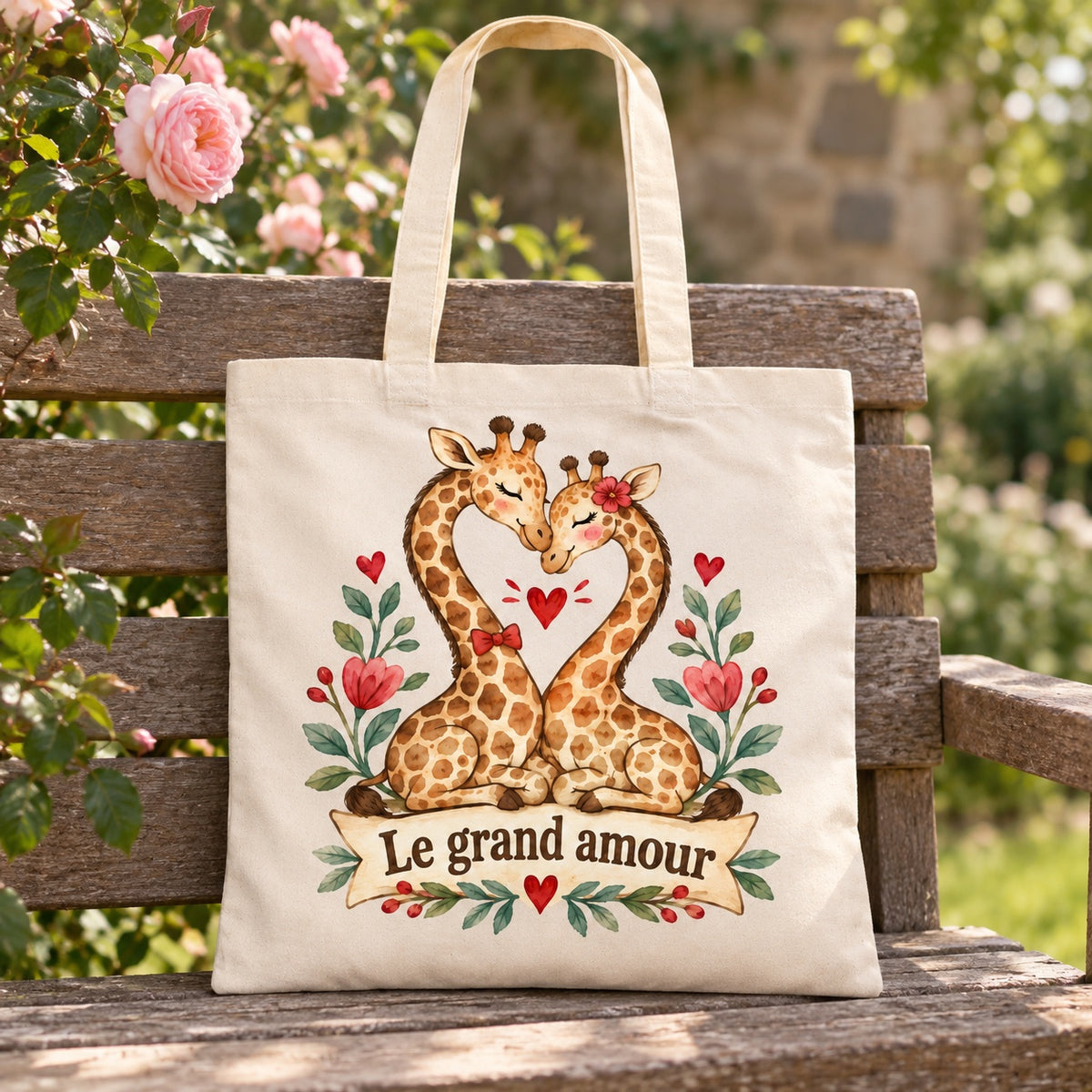 Tote bag « Le grand amour » Essentiel appuyé contre un banc de jardin près d'un rosier