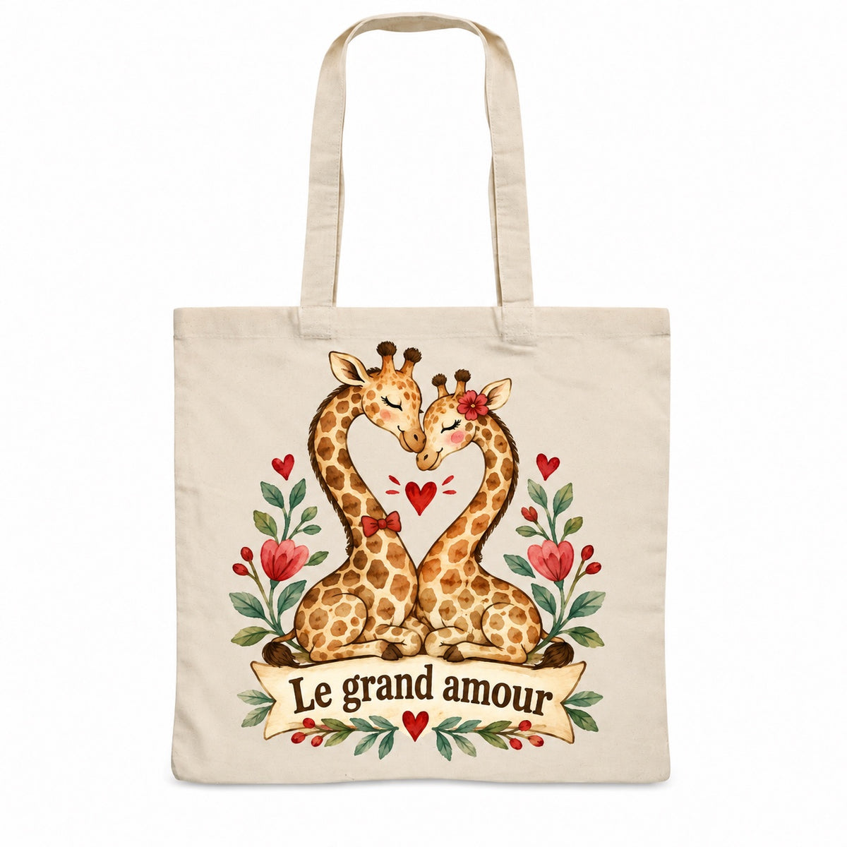 Tote bag « Le grand amour » Essentiel, sac plat en coton naturel 140 g/m² de 38 × 42 cm, illustration aquarelle rétro : deux girafes aux cous en cœur