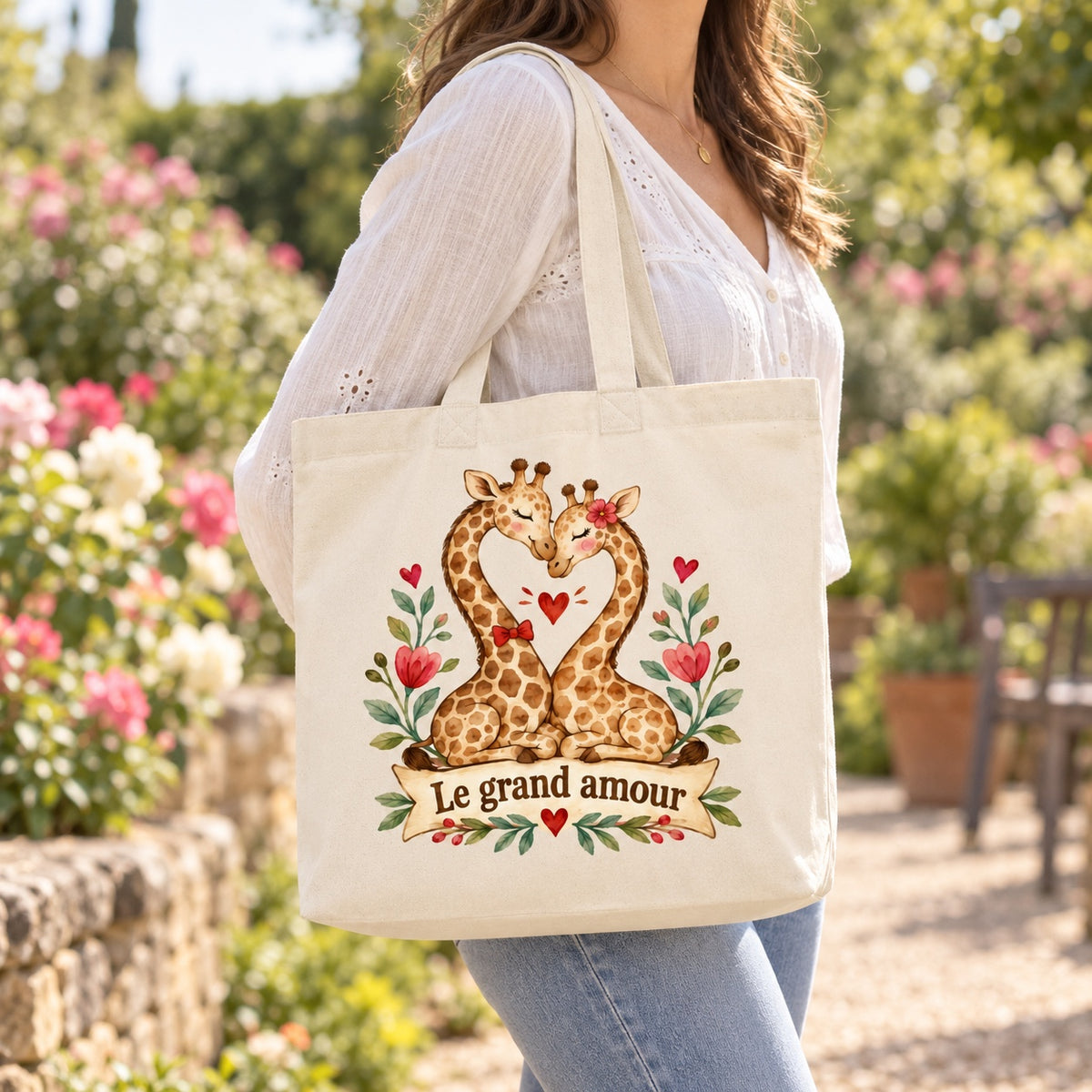Tote bag « Le grand amour » Premium porté à l'épaule dans un jardin fleuri