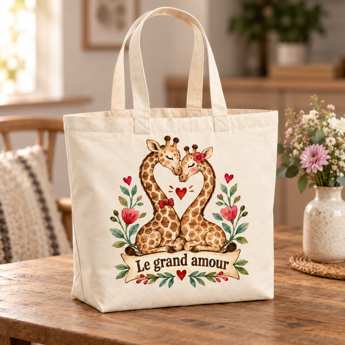 Tote bag « Le grand amour » Premium posé sur une table de café