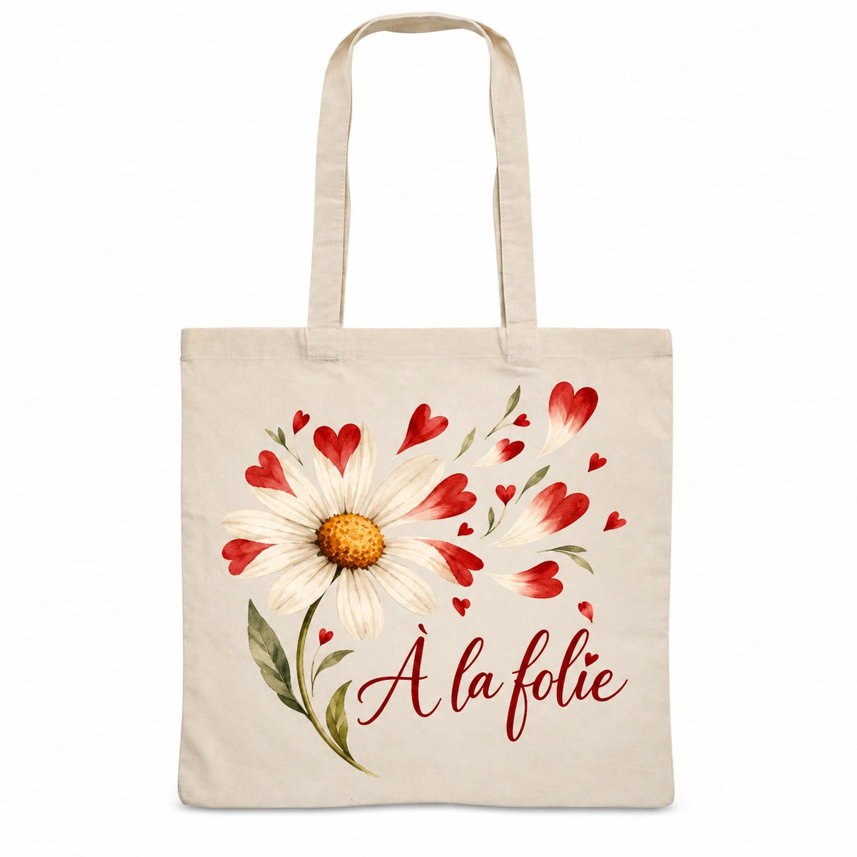 Tote bag « À la folie » Essentiel, sac plat en coton naturel 140 g/m² de 38 × 42 cm, illustration aquarelle rétro : une marguerite aux pétales en cœurs