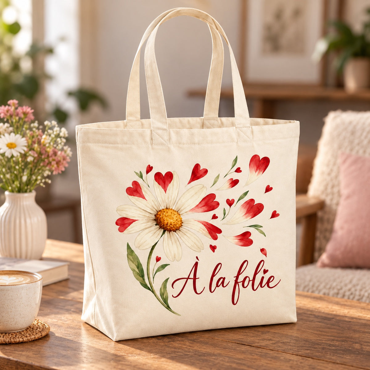 Tote bag « À la folie » Premium posé sur une table de café