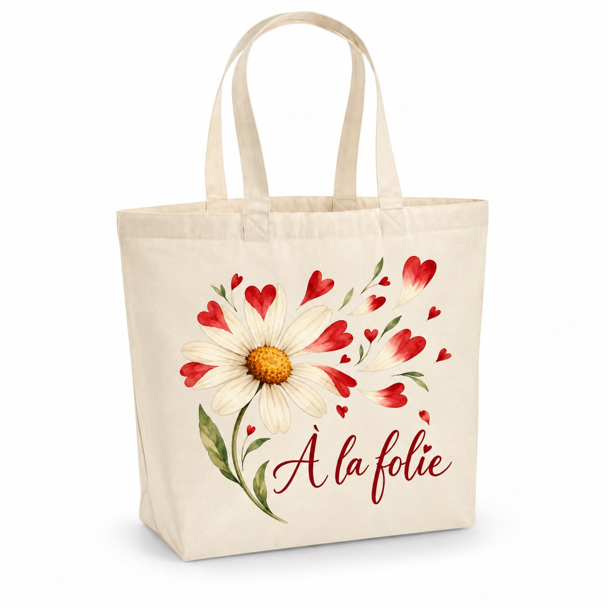 Tote bag « À la folie » Premium, cabas à soufflet en coton naturel 200 g/m² de 18 litres, illustration aquarelle rétro