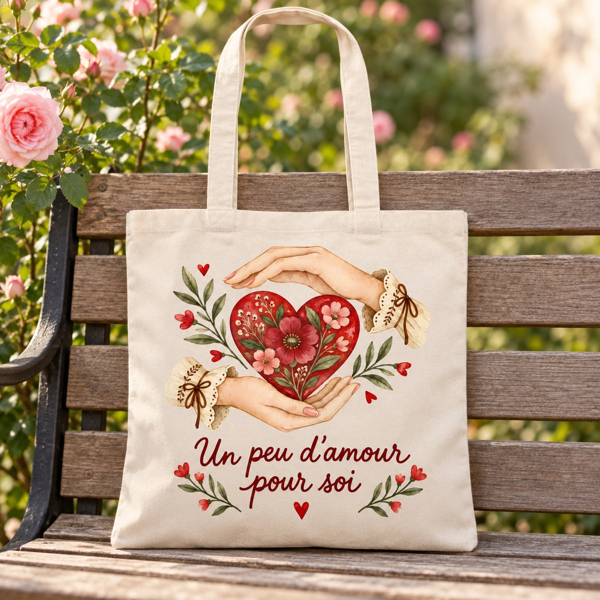 Tote bag « Un peu d’amour pour soi » Essentiel appuyé contre un banc de jardin près d'un rosier