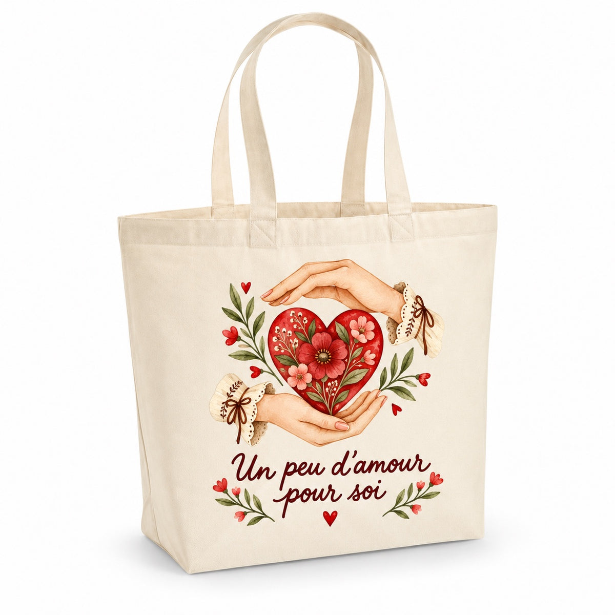Tote bag « Un peu d’amour pour soi » Premium, cabas à soufflet en coton naturel 200 g/m² de 18 litres, illustration aquarelle rétro