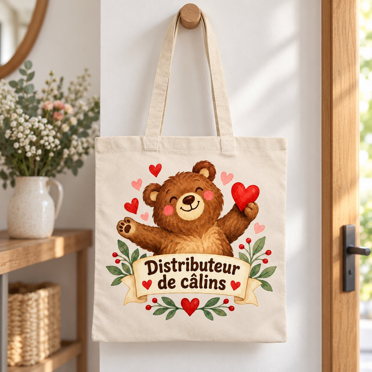 Tote bag « Distributeur de câlins » Essentiel suspendu à une patère dans une entrée lumineuse