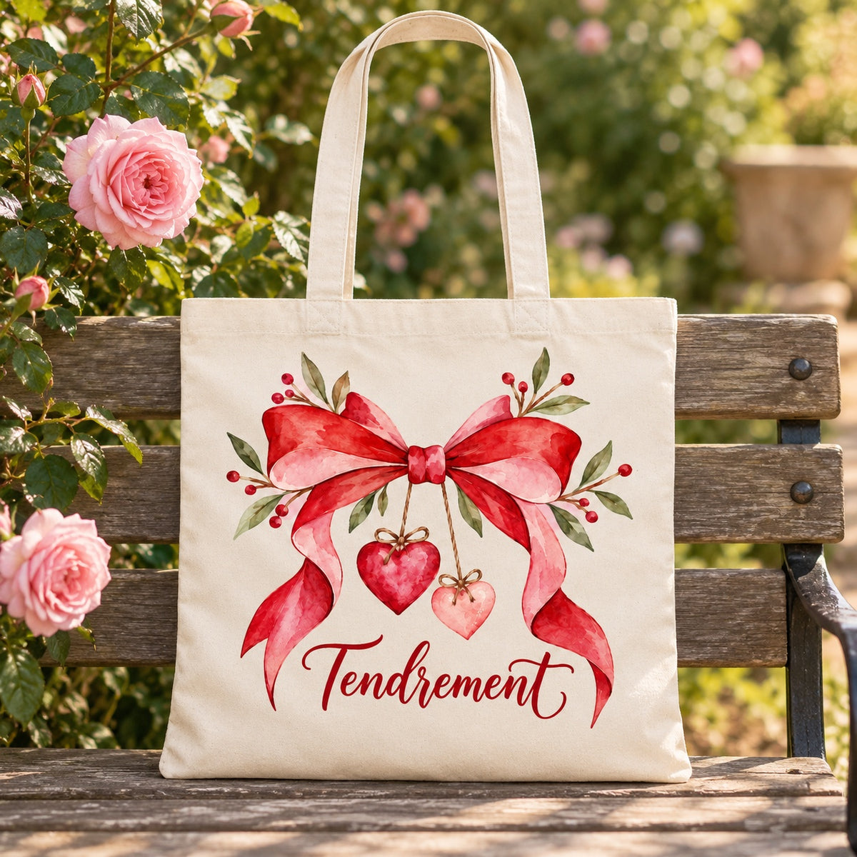 Tote bag « Tendrement » Essentiel appuyé contre un banc de jardin près d'un rosier