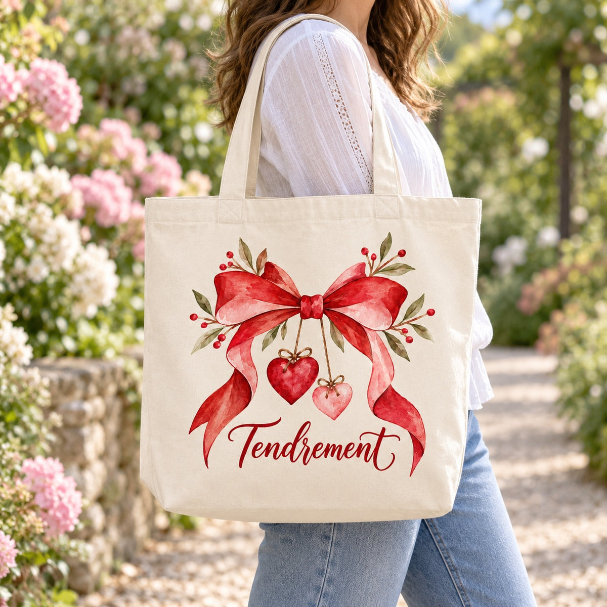 Tote bag « Tendrement » Premium porté à l'épaule dans un jardin fleuri