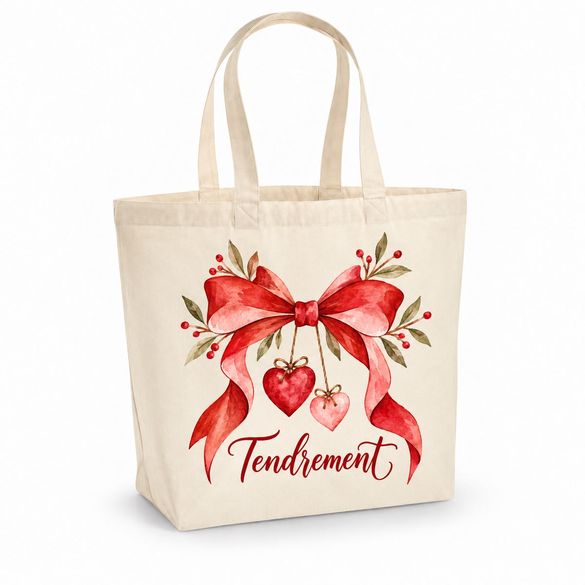 Tote bag « Tendrement » Premium, cabas à soufflet en coton naturel 200 g/m² de 18 litres, illustration aquarelle rétro