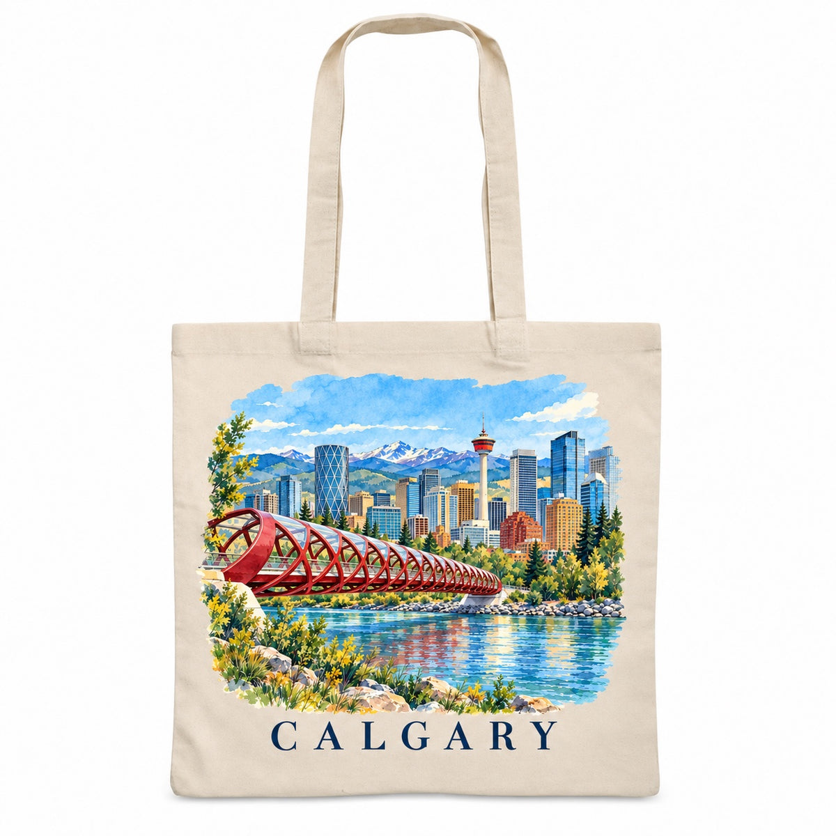 Tote bag Calgary Essentiel, sac plat en coton naturel 140 g/m² de 38 × 42 cm, illustration aquarelle façon carnet de voyage du Peace Bridge, de la Calgary Tower et de la rivière Bow
