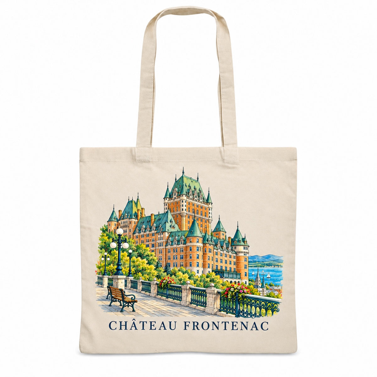 Tote bag Château Frontenac Essentiel, sac plat en coton naturel 140 g/m² de 38 × 42 cm, illustration aquarelle façon carnet de voyage du Château Frontenac vu de la terrasse Dufferin