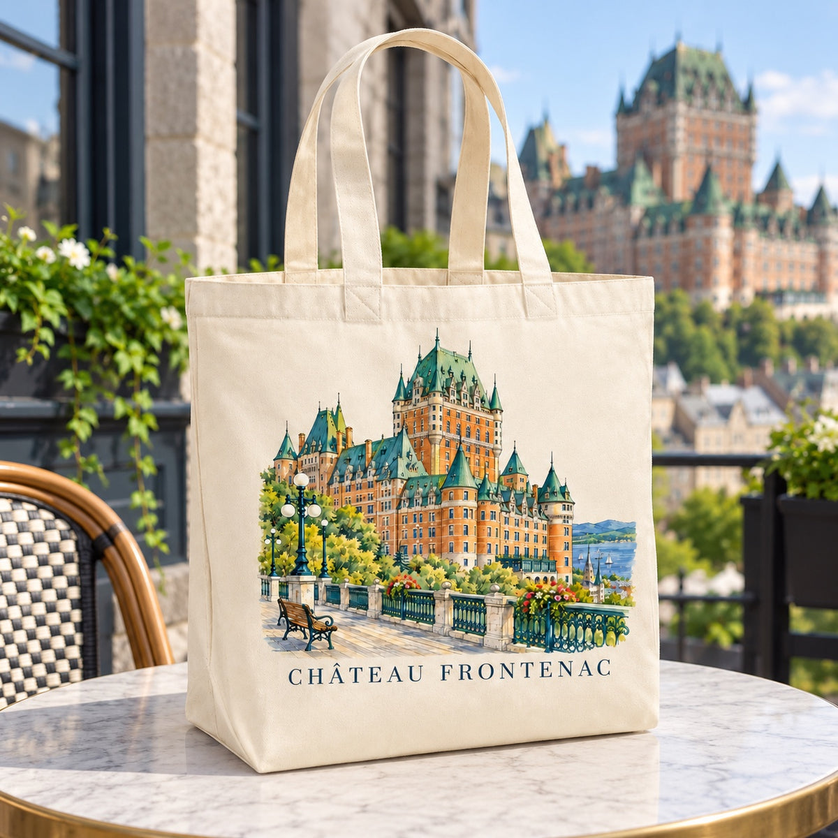 Tote bag Château Frontenac Premium posé dans un intérieur