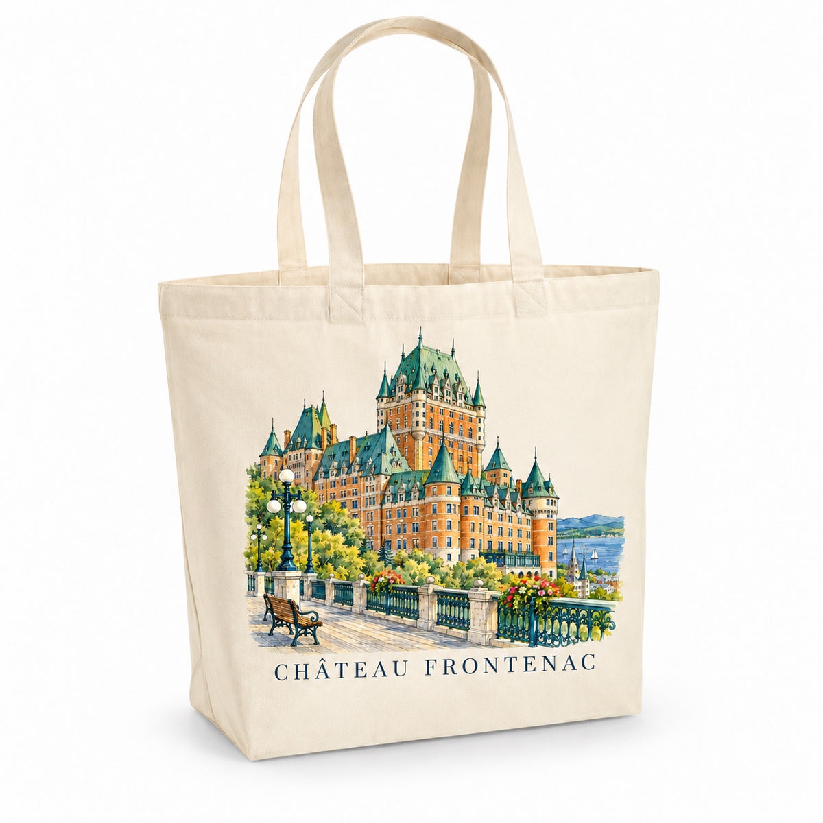 Tote bag Château Frontenac Premium, cabas à soufflet en coton naturel 200 g/m² de 18 litres, illustration aquarelle façon carnet de voyage du Château Frontenac vu de la terrasse Dufferin