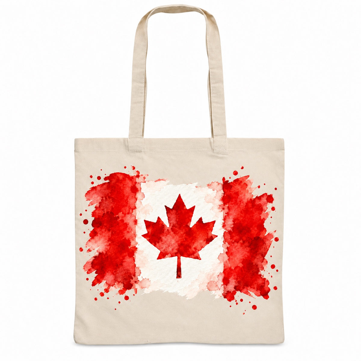 Tote bag Drapeau du Canada Essentiel, sac plat en coton naturel 140 g/m² de 38 × 42 cm, aquarelle du drapeau canadien et de sa feuille d'érable rouge