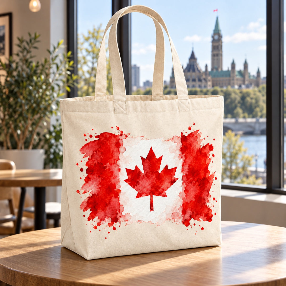 Tote bag Drapeau du Canada Premium posé dans un intérieur