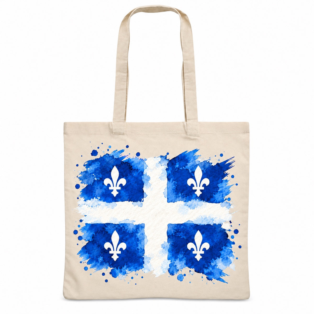 Tote bag Drapeau du Québec Essentiel, sac plat en coton naturel 140 g/m² de 38 × 42 cm, aquarelle du fleurdelisé, drapeau du Québec