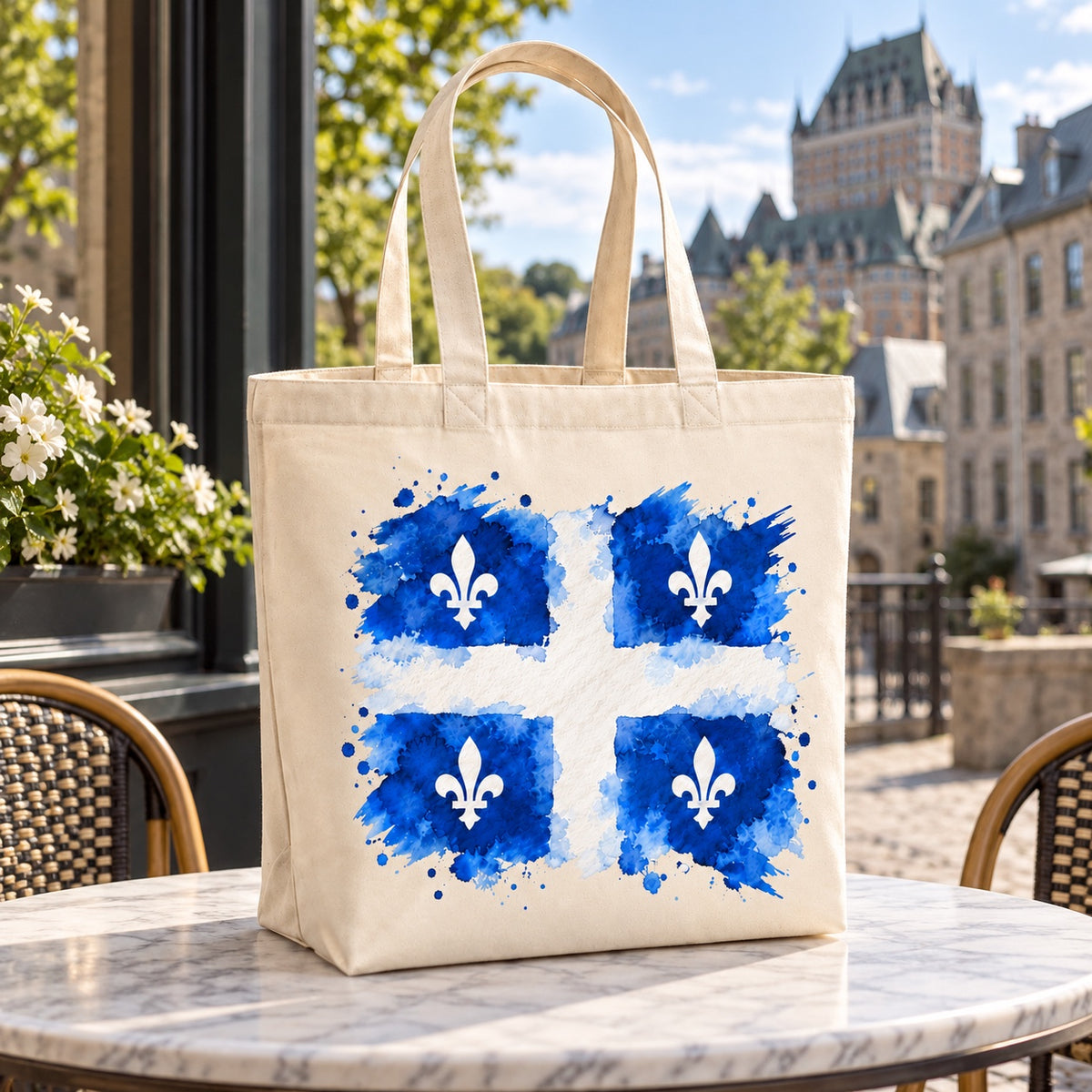Tote bag Drapeau du Québec Premium posé dans un intérieur
