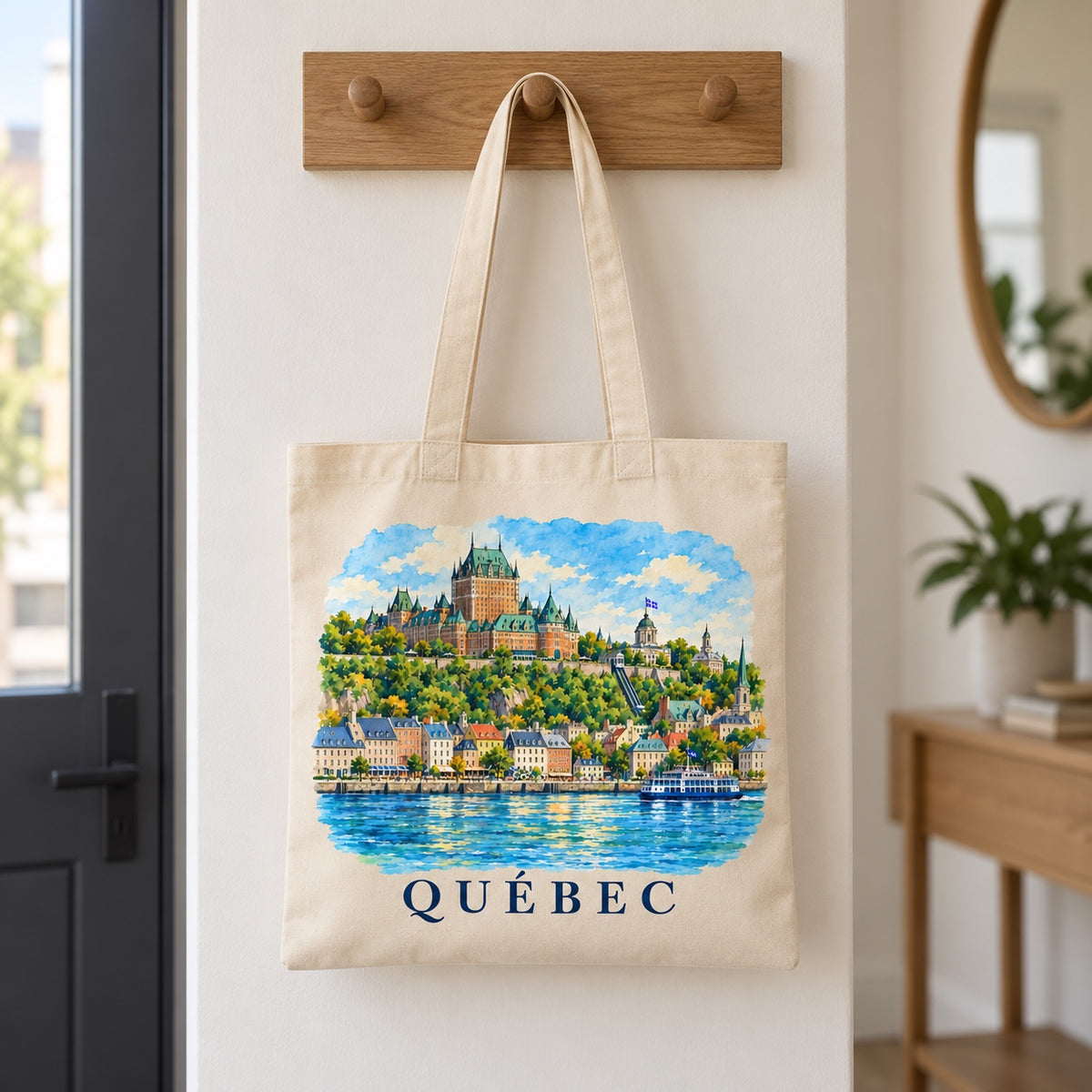 Tote bag Québec Essentiel suspendu à une patère