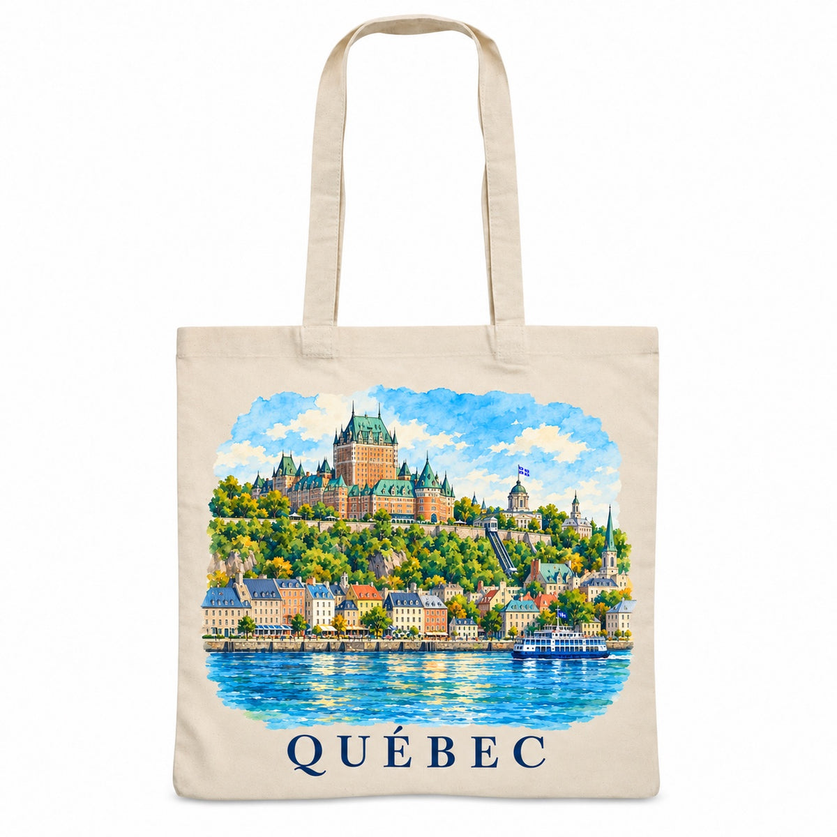 Tote bag Québec Essentiel, sac plat en coton naturel 140 g/m² de 38 × 42 cm, illustration aquarelle façon carnet de voyage du Vieux-Québec vu du Saint-Laurent, avec le Château Frontenac