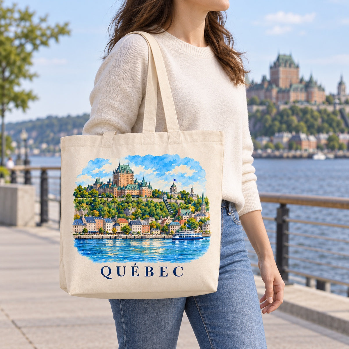 Tote bag Québec Premium porté à l'épaule