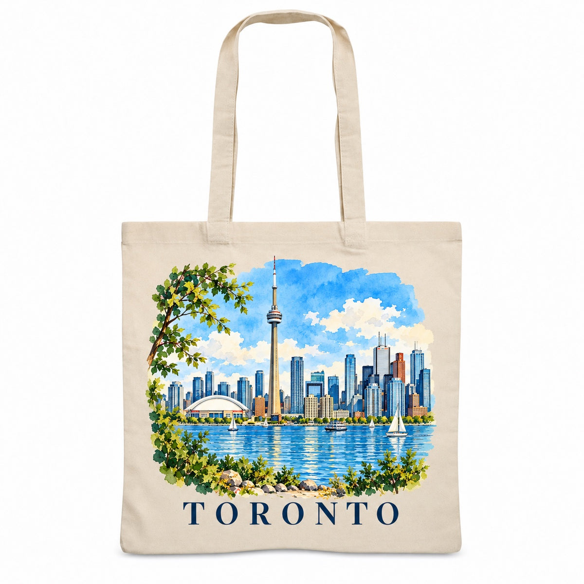 Tote bag Toronto Essentiel, sac plat en coton naturel 140 g/m² de 38 × 42 cm, illustration aquarelle façon carnet de voyage de la tour CN, du Rogers Centre et du lac Ontario