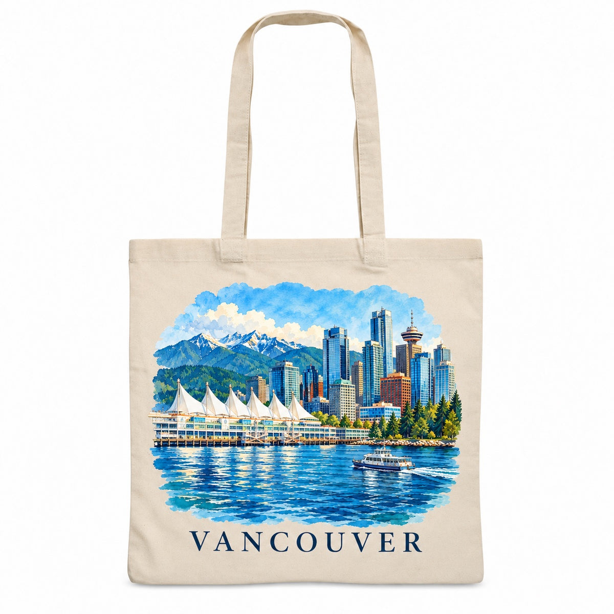 Tote bag Vancouver Essentiel, sac plat en coton naturel 140 g/m² de 38 × 42 cm, illustration aquarelle façon carnet de voyage de Canada Place, du port et des montagnes de la rive nord