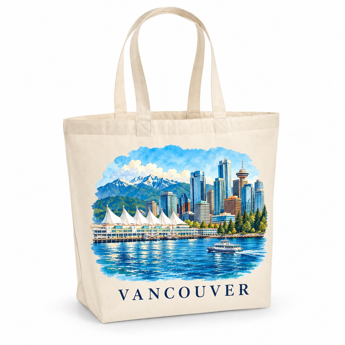 Tote bag Vancouver Premium, cabas à soufflet en coton naturel 200 g/m² de 18 litres, illustration aquarelle façon carnet de voyage de Canada Place, du port et des montagnes de la rive nord