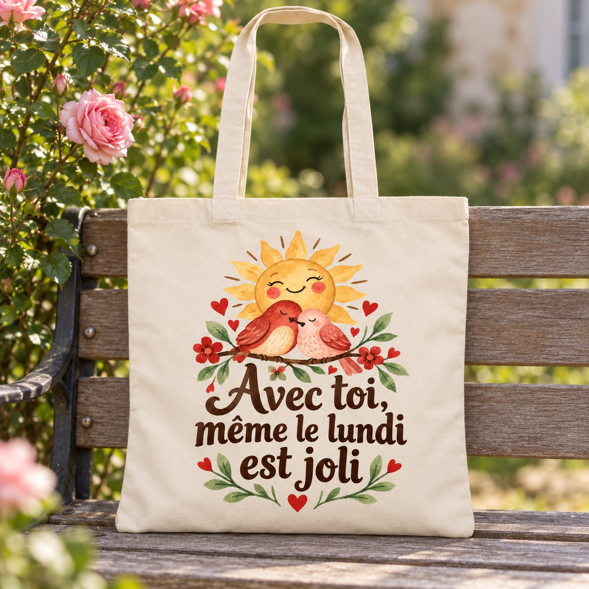 Tote bag « Avec toi, même le lundi est joli » Essentiel appuyé contre un banc de jardin près d'un rosier