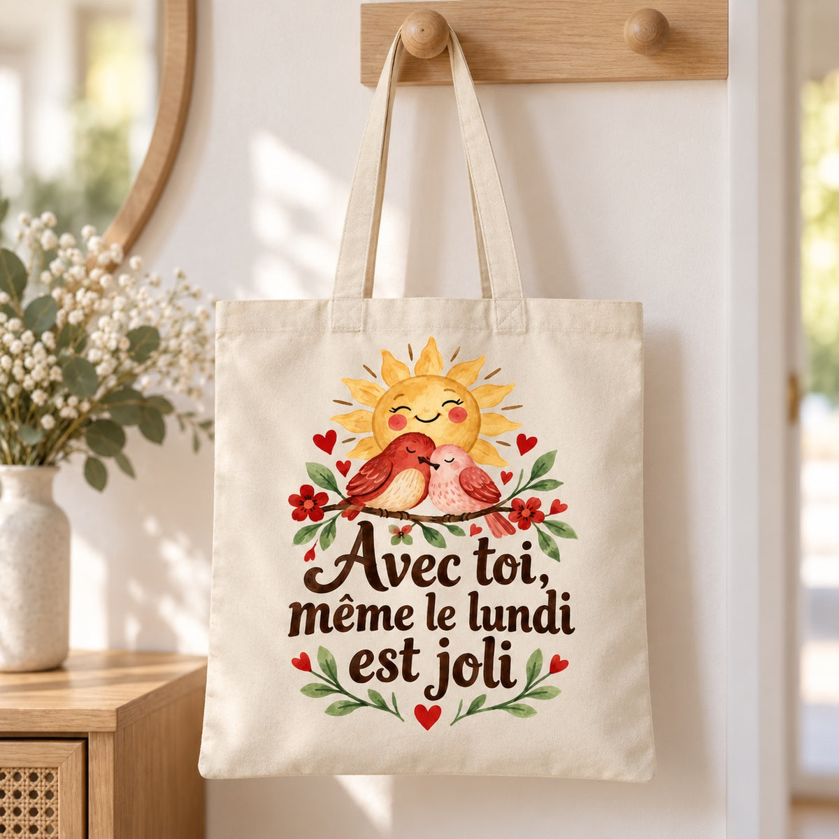 Tote bag « Avec toi, même le lundi est joli » Essentiel suspendu à une patère dans une entrée lumineuse