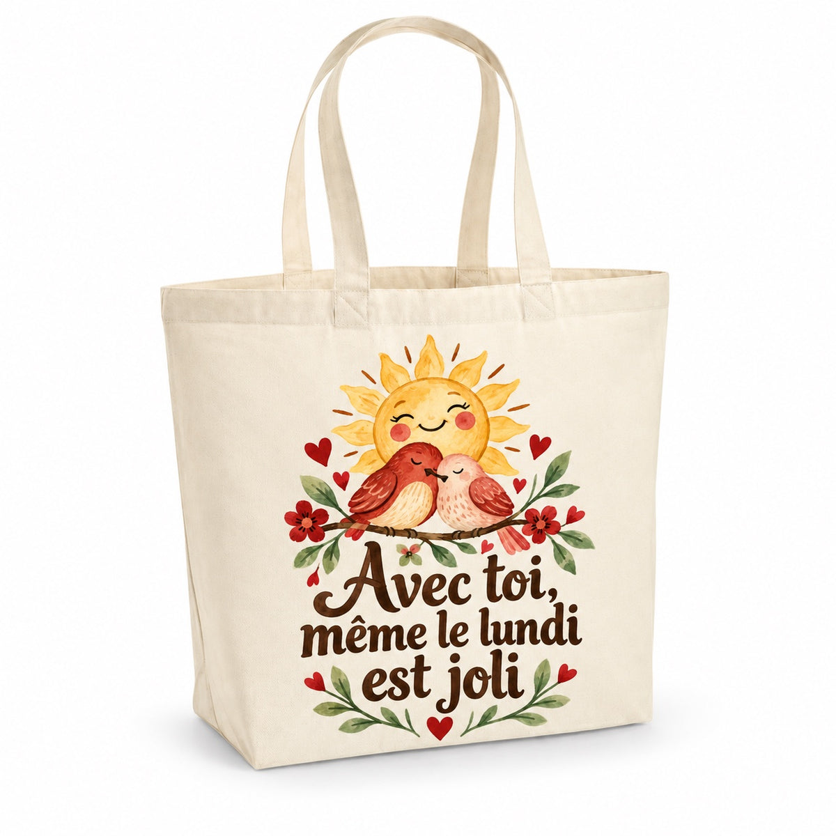 Tote bag « Avec toi, même le lundi est joli » Premium, cabas à soufflet en coton naturel 200 g/m² de 18 litres, illustration aquarelle rétro