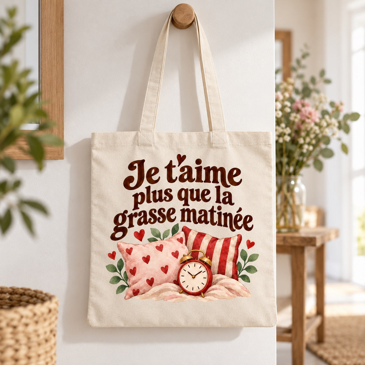 Tote bag « Je t’aime plus que la grasse matinée » Essentiel suspendu à une patère dans une entrée lumineuse