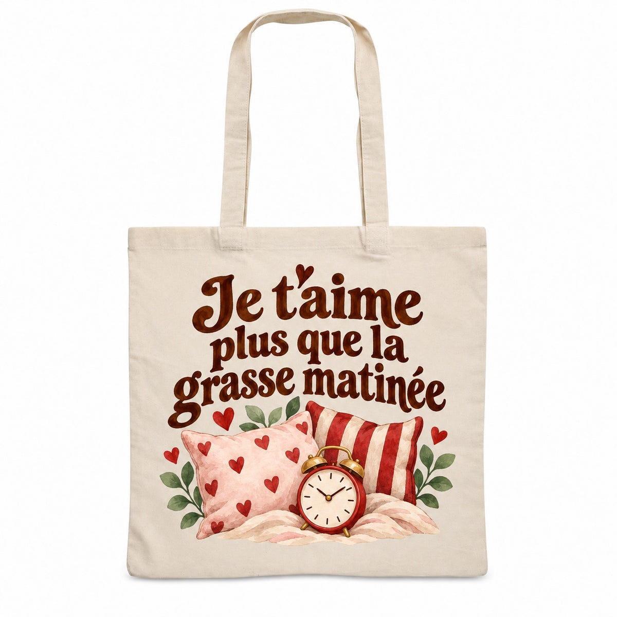 Tote bag « Je t’aime plus que la grasse matinée » Essentiel, sac plat en coton naturel 140 g/m² de 38 × 42 cm, illustration aquarelle rétro : des oreillers douillets et un réveil rétro