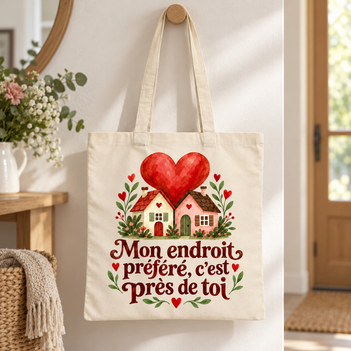Tote bag « Mon endroit préféré, c’est près de toi » Essentiel suspendu à une patère dans une entrée lumineuse