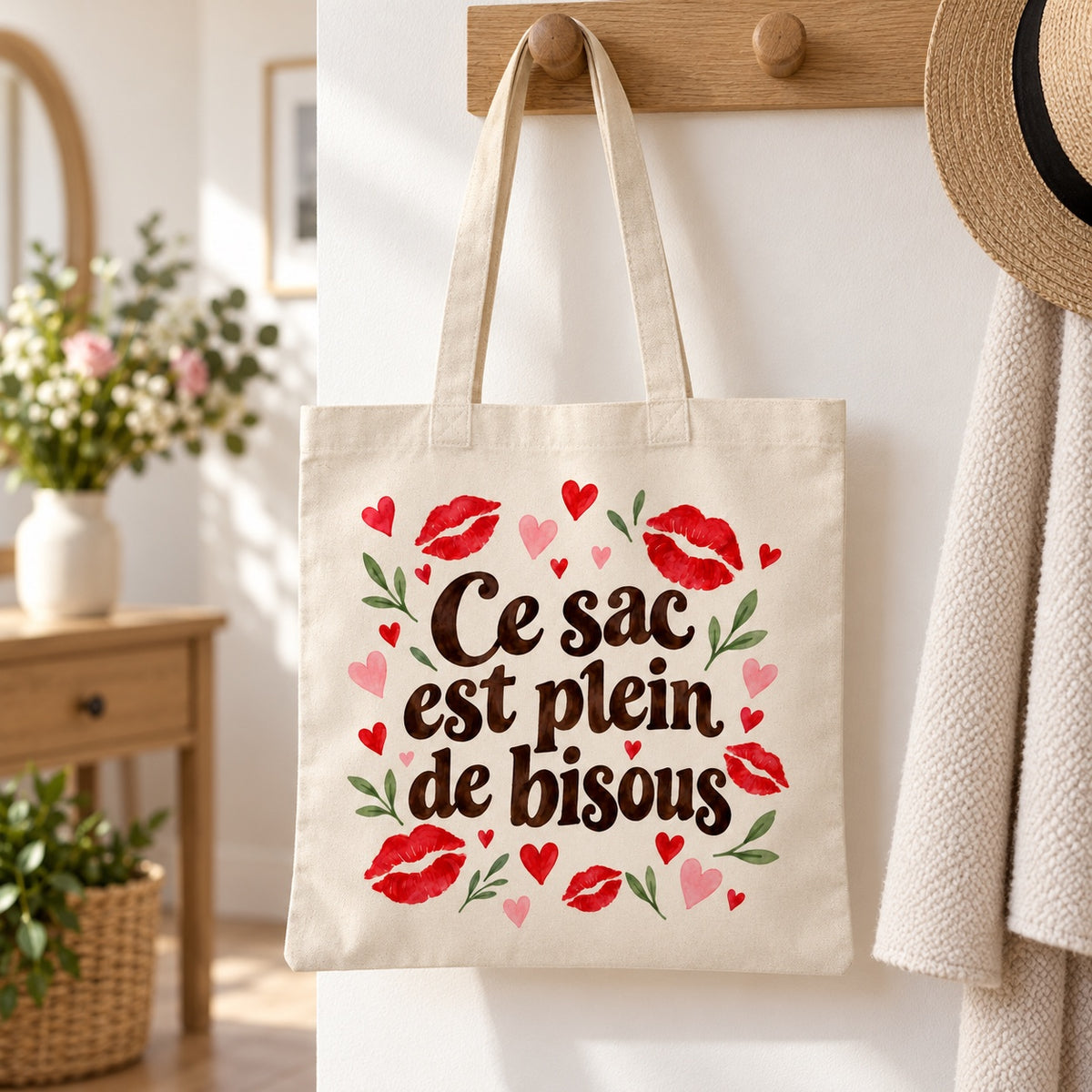 Tote bag « Ce sac est plein de bisous » Essentiel suspendu à une patère dans une entrée lumineuse
