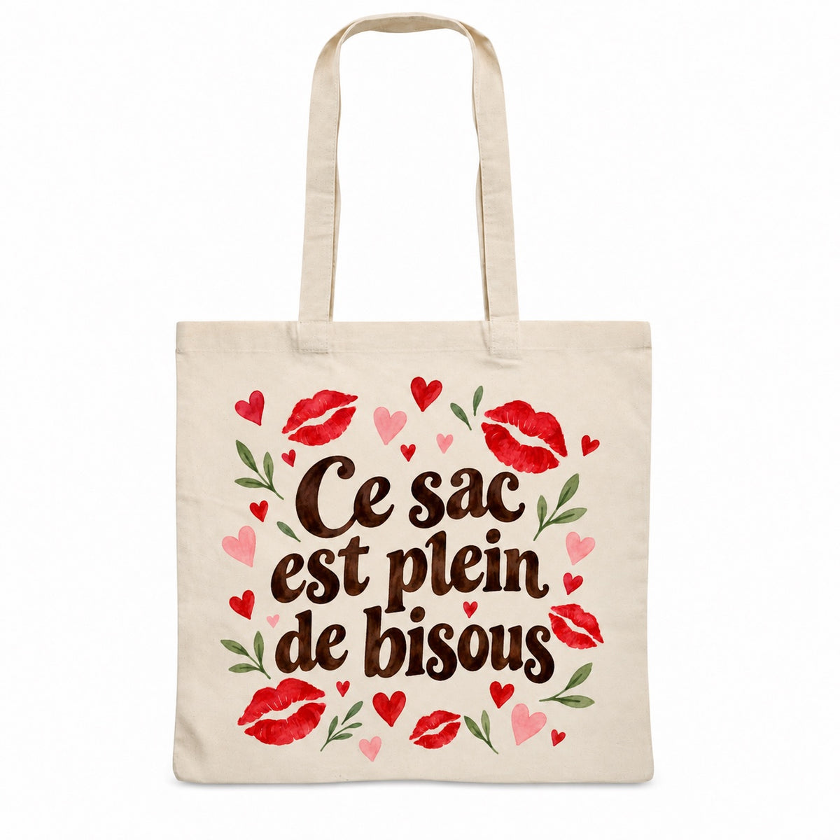 Tote bag « Ce sac est plein de bisous » Essentiel, sac plat en coton naturel 140 g/m² de 38 × 42 cm, illustration aquarelle rétro : des empreintes de baisers et des petits cœurs