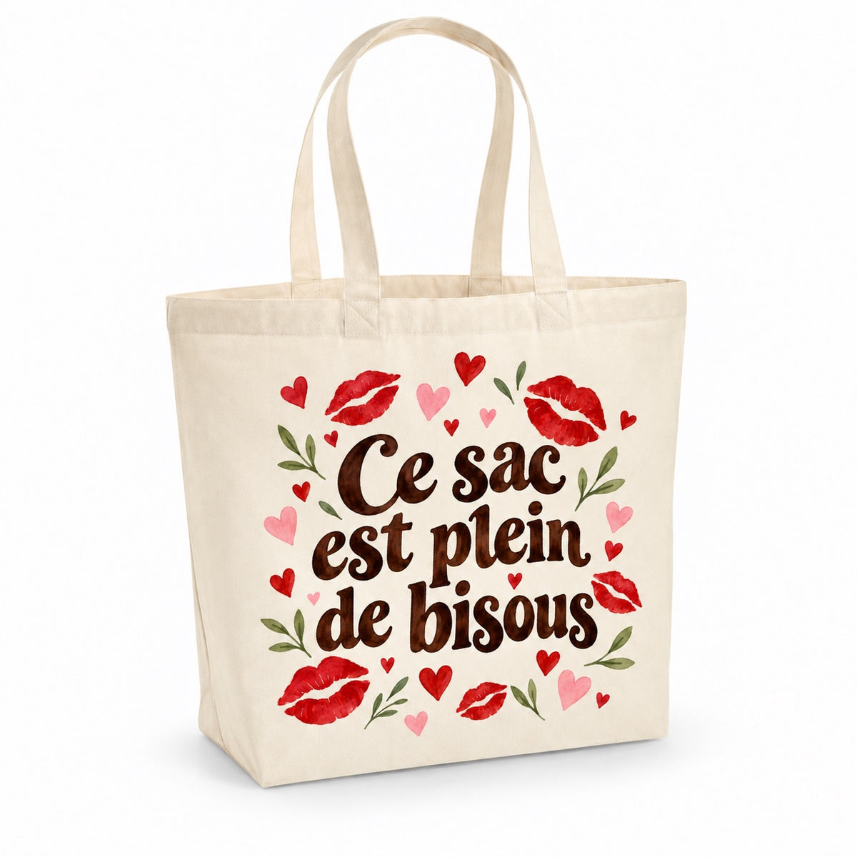 Tote bag « Ce sac est plein de bisous » Premium, cabas à soufflet en coton naturel 200 g/m² de 18 litres, illustration aquarelle rétro