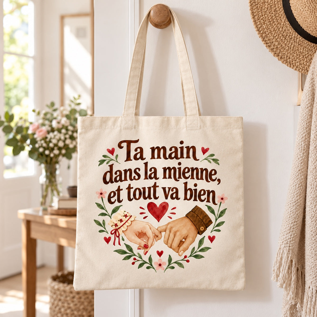 Tote bag « Ta main dans la mienne, et tout va bien » Essentiel suspendu à une patère dans une entrée lumineuse