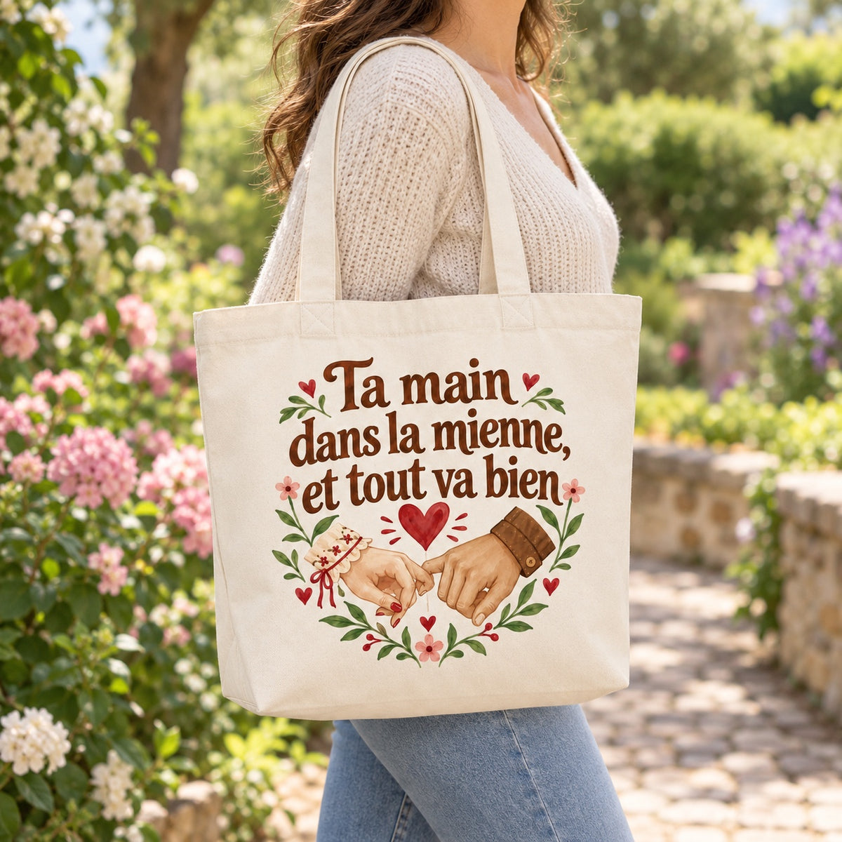 Tote bag « Ta main dans la mienne, et tout va bien » Premium porté à l'épaule dans un jardin fleuri