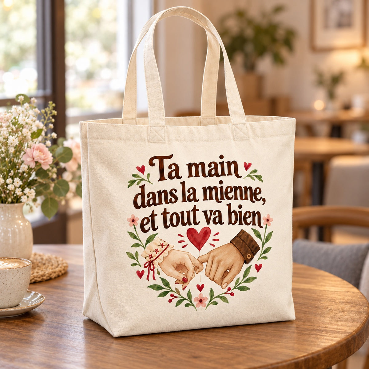Tote bag « Ta main dans la mienne, et tout va bien » Premium posé sur une table de café